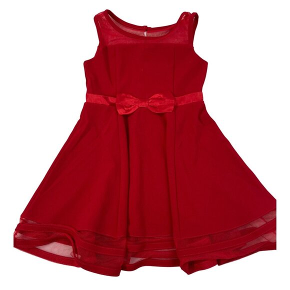 Calvin Klein Girls Red Fit & Flare Dress With Sheer Mesh Details & Bow Accent Si - Picture 2 of 11